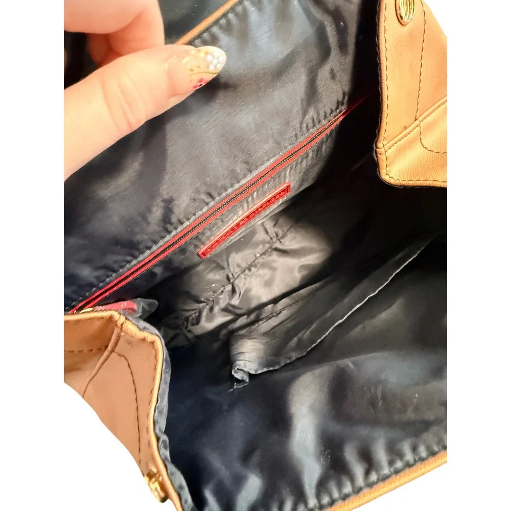 Tommy Hilfiger Tan Faux Leather Mini Backpack Gold Monogram Logo Brown Bag